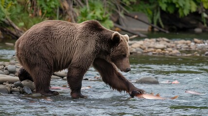 A Brown Bear Capturing Salmon in a River