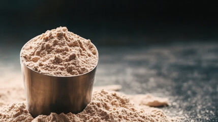 Protein powder scoop filled with protein powder on dark background, ideal for fitness enthusiasts and gym goers looking to enhance their nutrition and workout performance