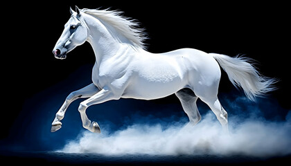 A white horse runs through a cloud of dust against a black background.