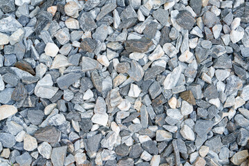 Close up background Crushed Gravel Stone, Landscaping Construction, White Grey Gray