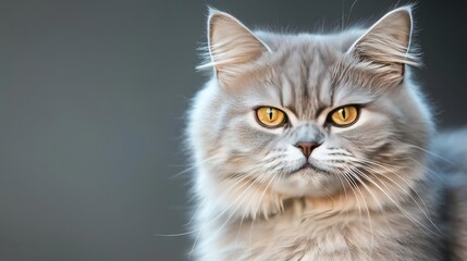 Obraz premium Fluffy silver Persian cat with striking golden eyes, soft focused background.