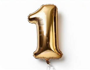 light gold balloon in the shape of the number 1 isolated on white background
