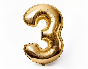 light gold balloon in the shape of the number 3 isolated on white background