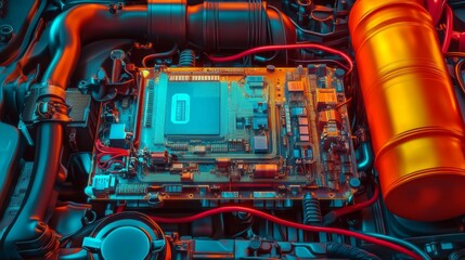 Fototapeta premium Close-up computer circuit board center car engine is A car's control