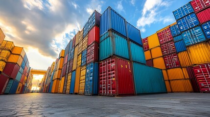 Fototapeta premium Vibrant container yard at dusk with colorful cargo
