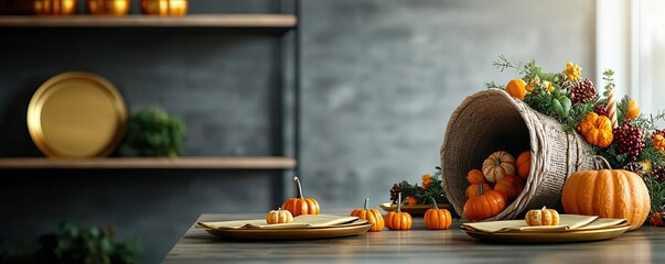 Harvest table setting with cornucopia, pumpkins, and autumn decor on rustic background.