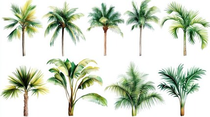 Collection nine different types palm trees There are Isolated white background