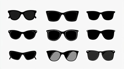 Collection nine pairs sunglasses black color are arranged Illustration