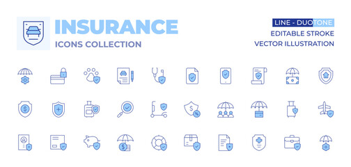 Insurance icons collection. Line Duotone style, editable stroke. security, luggage, medical insurance, risk management, insurance, package, protection, health insurance