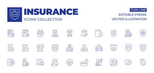 Insurance icons collection. Thin Line icons, editable stroke. accident, baggage, box, car, clipboard, confidential document, contract, coronavirus, credit card, family insurance, family