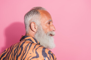Profile side photo macho old man with perfect groom beard barber shop treatment isolated pastel...