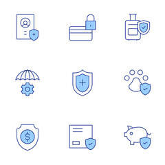 Insurance icons set. Line Duotone style, editable stroke. security, luggage, insurance, protection, risk management, health insurance, credit card