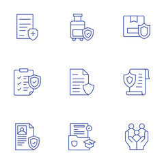 Insurance icons set. Thin Line style, editable stroke. accident, baggage, box, clipboard, confidential document, contract, document, education, family