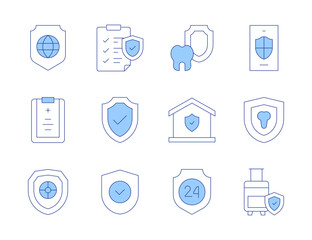 Insurance icons. Line Duotone style, editable stroke. baggage, clipboard, security, phone, dental insurance, insurance, medical report, house insurance, global protection