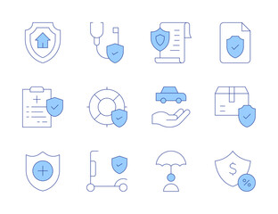 Insurance icons. Line Duotone style, editable stroke. contract, medical insurance, health insurance, package, insurance, car