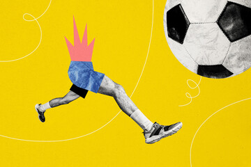 Composite photo collage of bodyless sportsman run kick ball football player athlete game soccer...