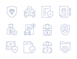 Insurance icons. Thin Line style, editable stroke. car insurance, credit, customer, file, folder, jewelry, money bag, protection, legal document, money
