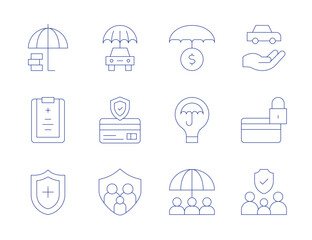 Insurance icons. Thin Line style, editable stroke. car, credit card, family insurance, family, investment insurance, medical report, mitigation, protection