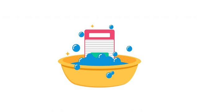 Animation of brush icon along with washboard and soap bucket, suitable for use in applications, educational videos, home and cleaning services, or systems related to laundry services or clothing care.