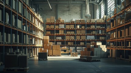 Obraz premium A spacious warehouse filled with tall racks of boxes stacked on pallets. The neat, organized aisles and industrial lighting highlight the efficiency and storage capacity of the facility.