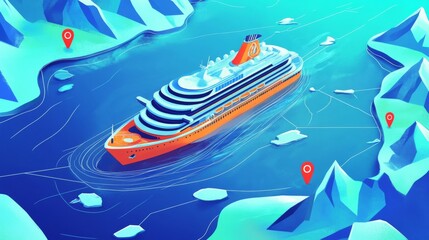 Illustration cruise ship sailing blue ocean orange white An isometric