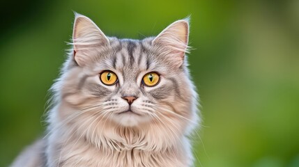 Obraz premium A beautiful gray cat with striking yellow eyes on a blurred green background.