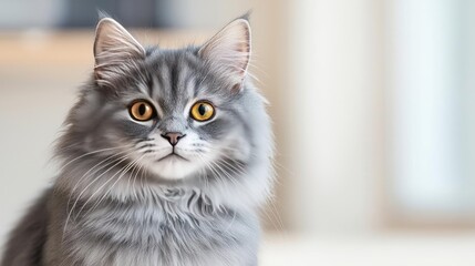 Obraz premium Gray cat with striking yellow eyes, posed on a soft background.