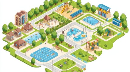 Isometric map park playground area divided into different city