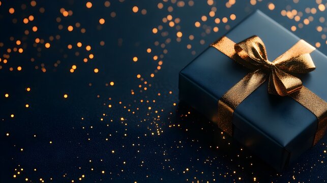 Blue gift boxes with shimmering gold ribbons, placed on a blue background with scattered stars, captured in a flat-lay style, creating a festive vibe