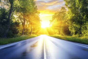 Fototapeta premium Long straight road that stretches into distance is In the sunset,