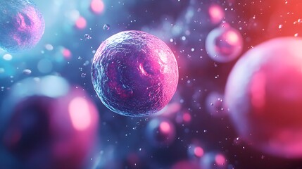 Naklejka premium Abstract colorful stem cell, magnified under the microscope, soft glowing light beams and mist swirling around, high contrast, bright and vivid, 3D illustration