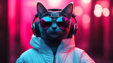 Fantasy cat-headed character in sleek headphones and reflective sunglasses, white jacket standing out against a dynamic pink and blue split background