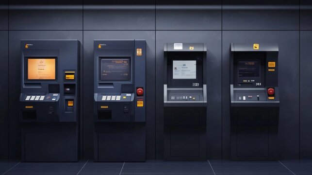 Row four ATM machines dark blue-grey color scheme Vending machine with sensor