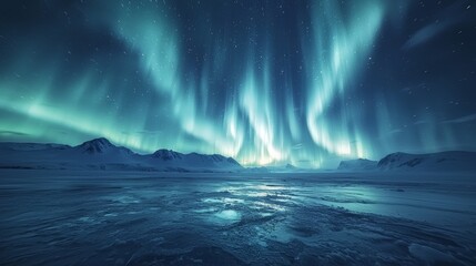 Aurora borealis dancing above a frozen lake, natural light phenomenon in the Arctic.