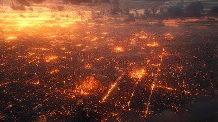 Fototapeta premium Aerial view of a city with glowing streetlights at dawn, revealing the grid of the urban landscape.