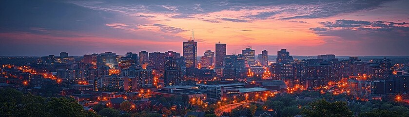 Obraz premium City skyline at dusk with lights starting to twinkle in high-rise windows, transition from day to night.