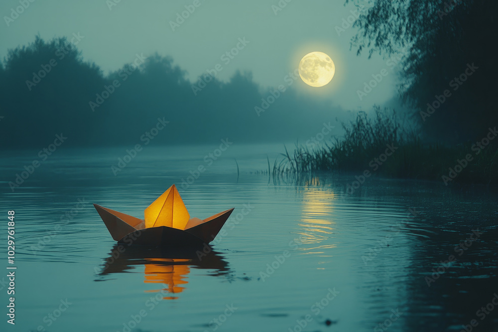 Poster a boat is floating on a lake with a full moon in the background