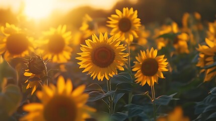 Sunflower field at sunset sunflower blooming in summer.