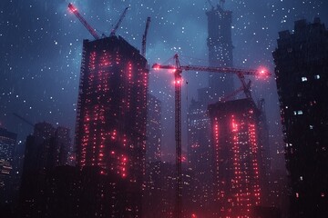 Lights from a skyscraper construction site against a backdrop of city stars, urban progress.