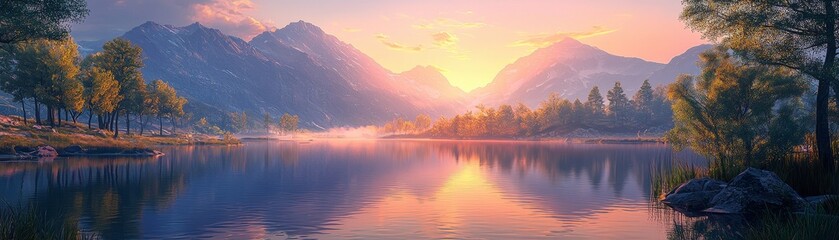 Soft dawn light illuminating a serene mountain lake, peaceful nature reflection concept.