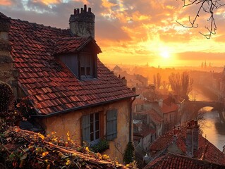 Sunset casting a warm glow on the rooftops of a historic European city, blending old and new.
