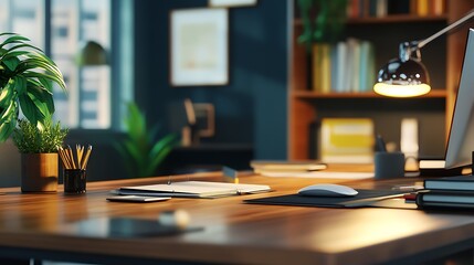 Blank notepad with pen on wooden table in office