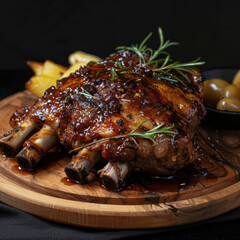 Succulent roasted meat with rich glaze, garnished with fresh herbs, served on wooden platter alongside olives and roasted potatoes, creating mouthwatering presentation