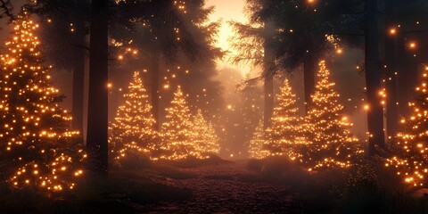 Magical forest with christmas trees and glowing lights