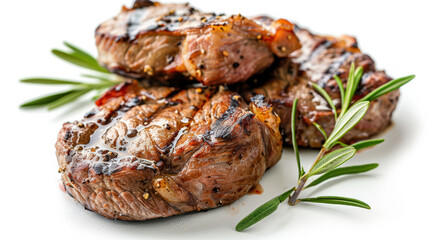 Grilled steak pieces garnished with fresh rosemary, showcasing deliciously charred exterior and juicy interior, perfect for hearty meal