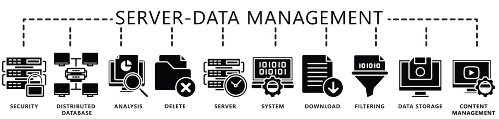 Data management glyph icons set. contain security, server, analysis, data storage, download, filtering, system and more. Vector EPS 10. for UI or UX kit, web and app, finance, office, business