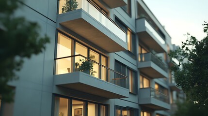 Modern apartment buildings on a sunny day with a blue sky.