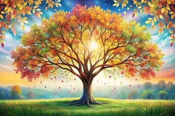 Colorful tree with leaves on hanging branches illustration background. 3d abstraction wallpaper for interior mural wall art decor. Floral tree with multicolor leaves
