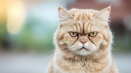 Obraz premium Angry looking orange cat with an expressive facial feature, green blurred background.