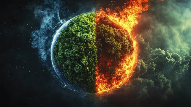 A split Earth with green nature on one side and fiery destruction on the other.
